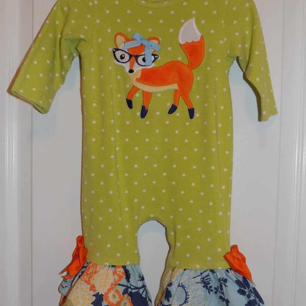 MOLLY & MILLIE Girls 12M Green Polka Dot Fox Applique Romper 1pc Ruffle Hem Bow